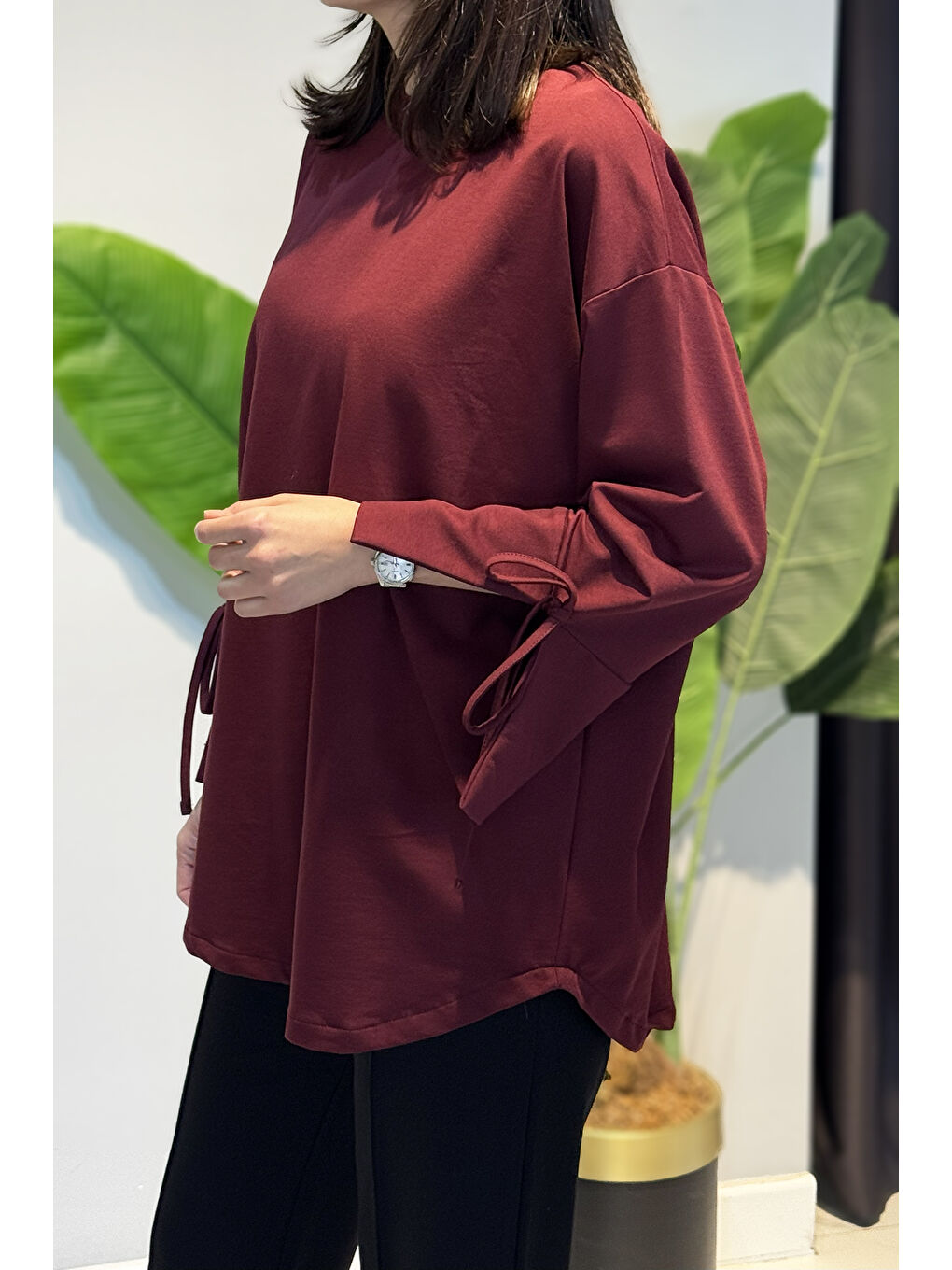 Manşeti ve Beli Bağcık Detay Sweat Tunik 3066 Bordo-1