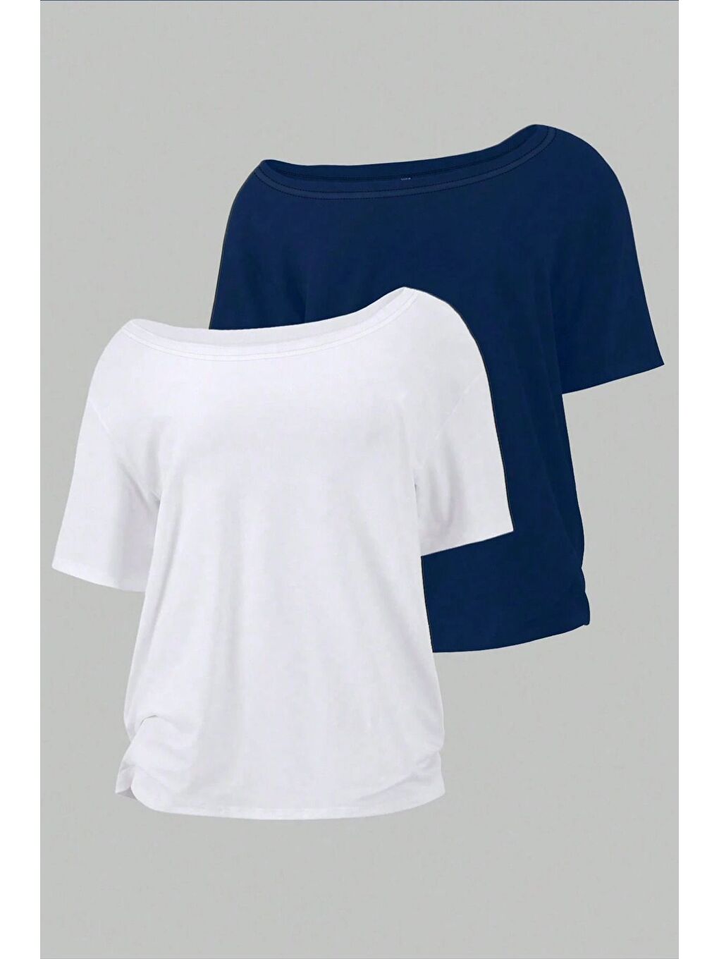 Karışık Lacivert Beyaz 2li paket Kadın Düşük Omuz Kayık Yaka Oversize T-Shirt-1