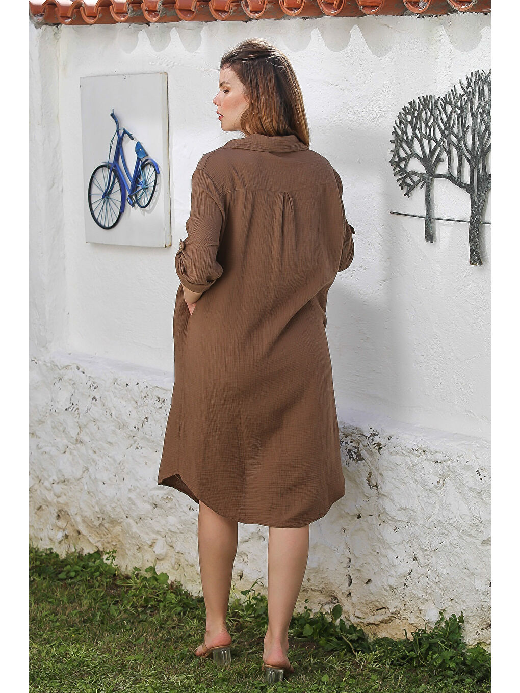 Kahverengi Açık Kahve Gömlek Yaka Düğmeli Uzun Kollu Cepli Yıkamalı Casual Müslin Dokuma Elbise 118 62-7