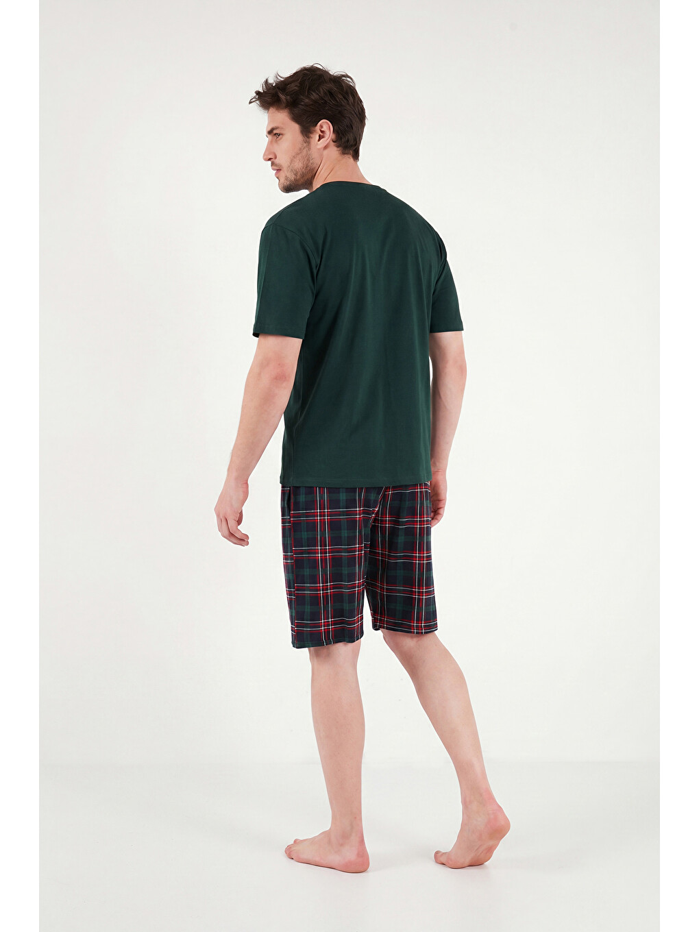 Yeşil Kareli Pamuklu Regular Fit Şortlu Pijama Takımı 6572022-6