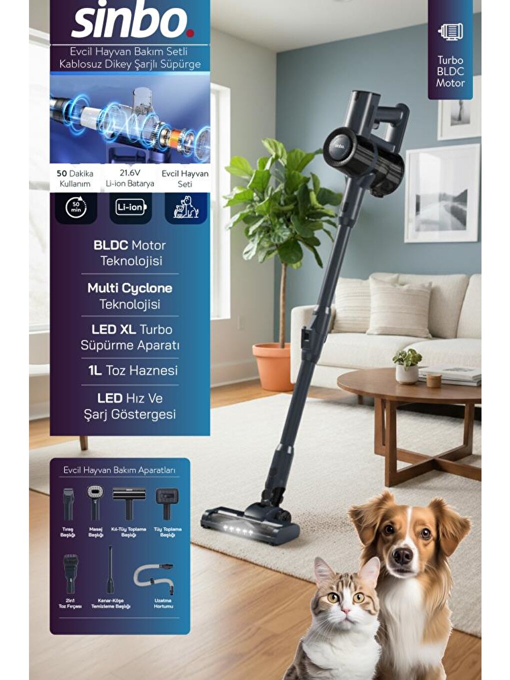 SVC-8634 Kablosuz Dikey Süpürge Lacivert – Evcil Hayvan Tüyleri İçin Güçlü Multi Cyclone