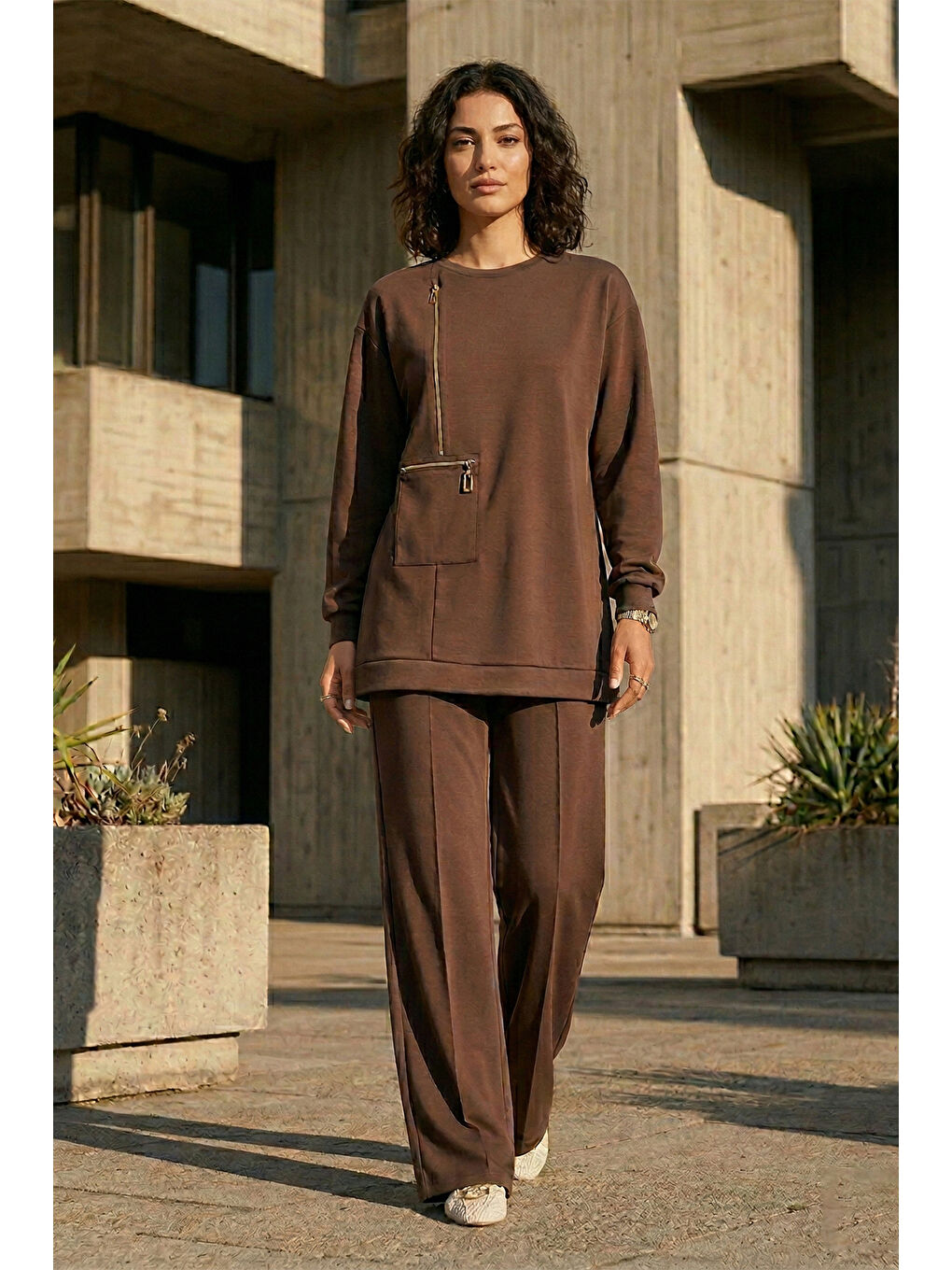 Fermuar ve Nervür Detay Tunik Pantolon Takım 1077 Kahverengi-1
