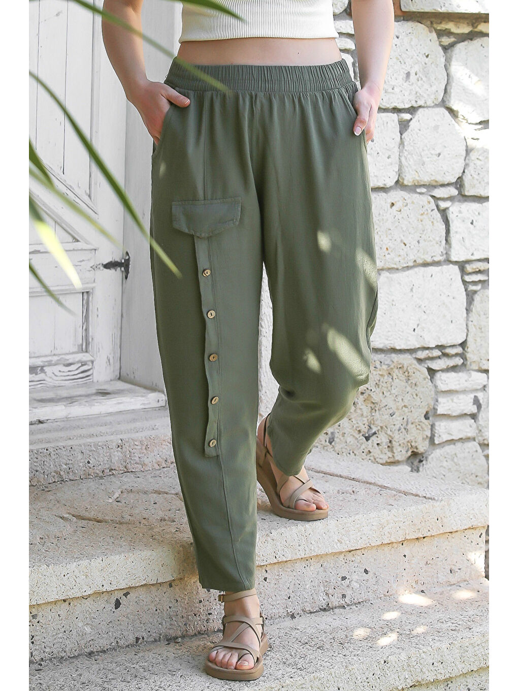 Haki Cepli Yıkamalı Lastikli Bel Jogger Paça Casual Keten Karışımlı Dokuma Pantolon 104 62