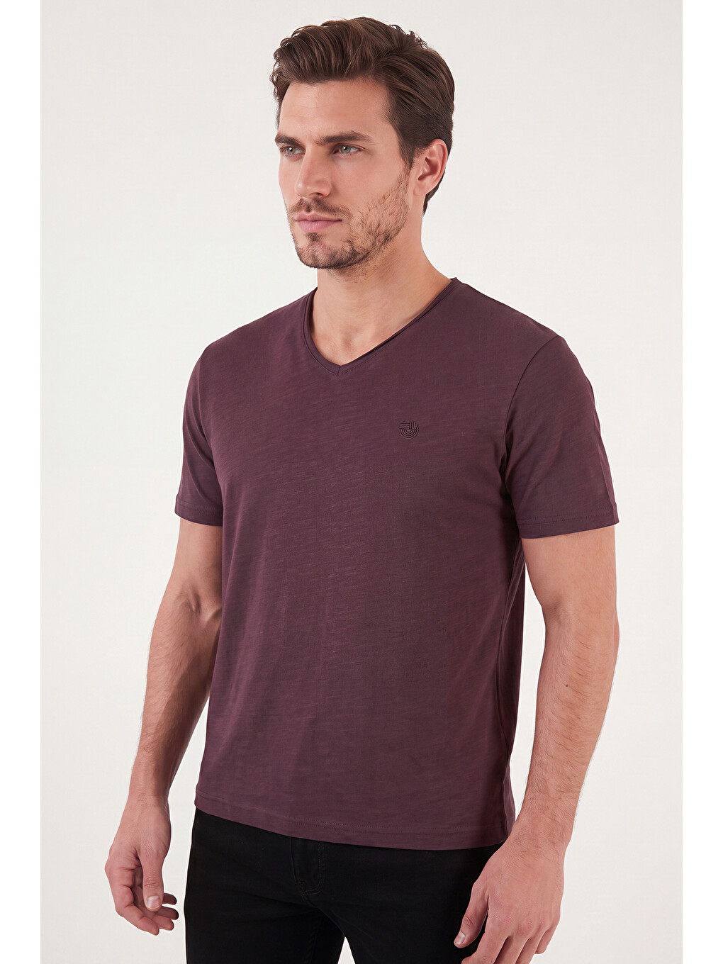 Bordo Pamuklu Regular Fit V Yaka T Shirt 5902719-3