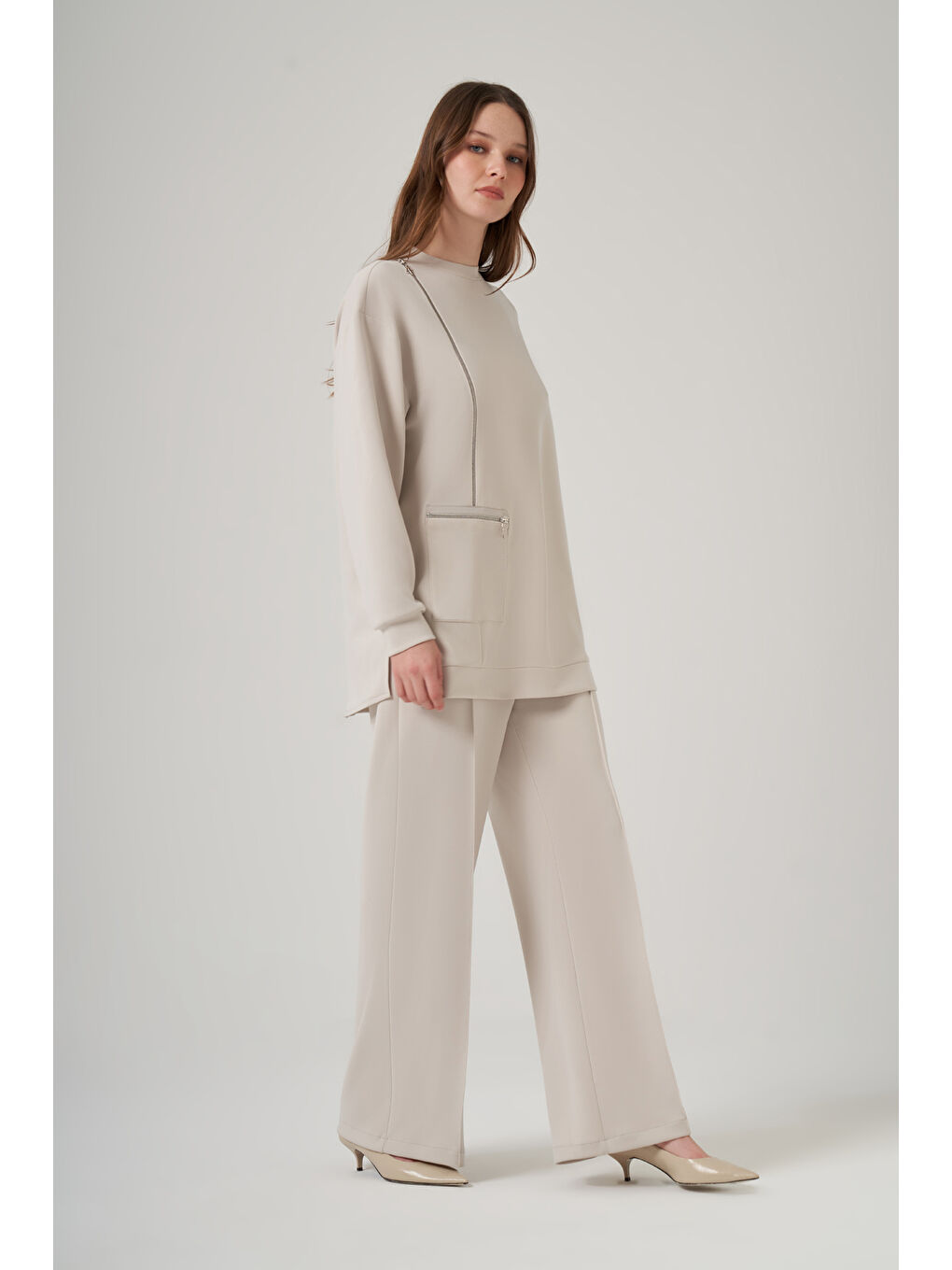 Bej Fermuar ve Nervür Detay Tunik Pantolon Takım 1077 Taş-2