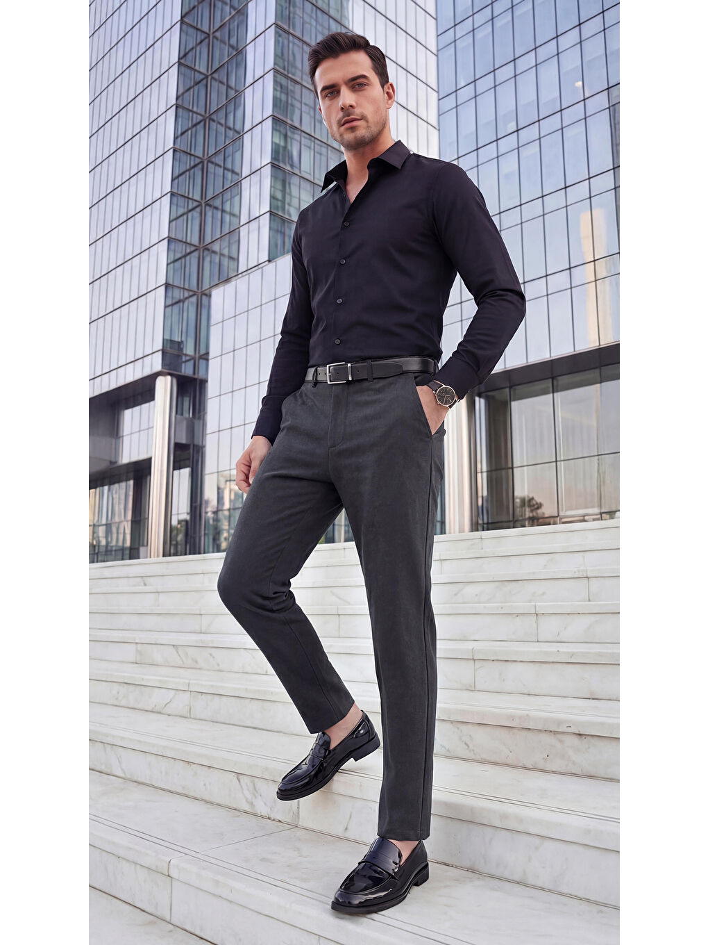 Gri Spor Klasik Füme Kolay Ütülenebilir Easy Iron Erkek Pantolon-2