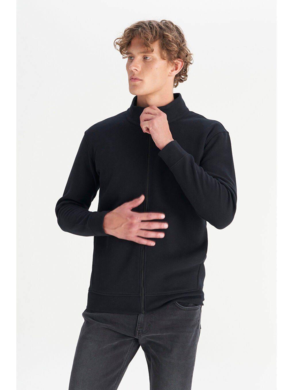 Siyah Pamuklu Relaxed Fit Dik Yaka   Selanik Örgü Erkek Fermuarlı Sweatshirt Hırka