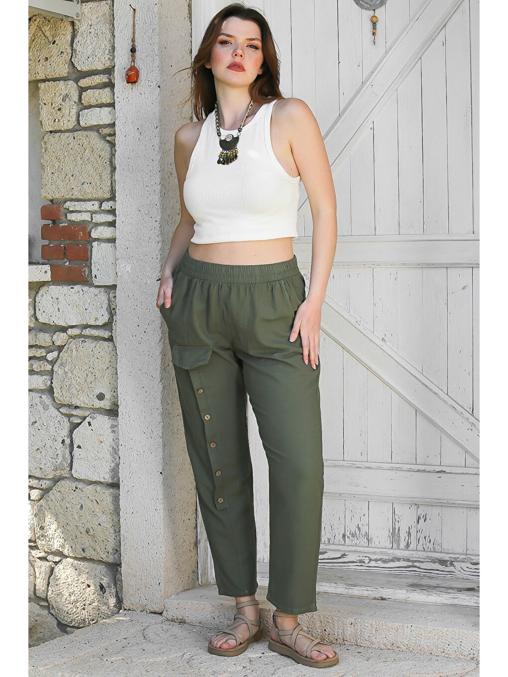 Haki Cepli Yıkamalı Lastikli Bel Jogger Paça Casual Keten Karışımlı Dokuma Pantolon 104 62-1