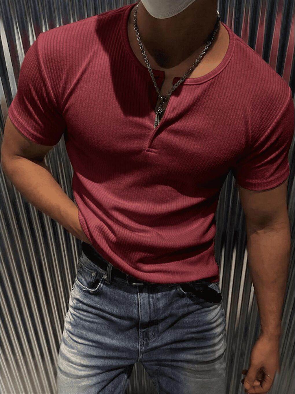 Bordo San Loe Erkek Slim Fit Elastanlı Henley Yaka Kısa Kollu Tişört - Düğmeli Esnek Kumaş