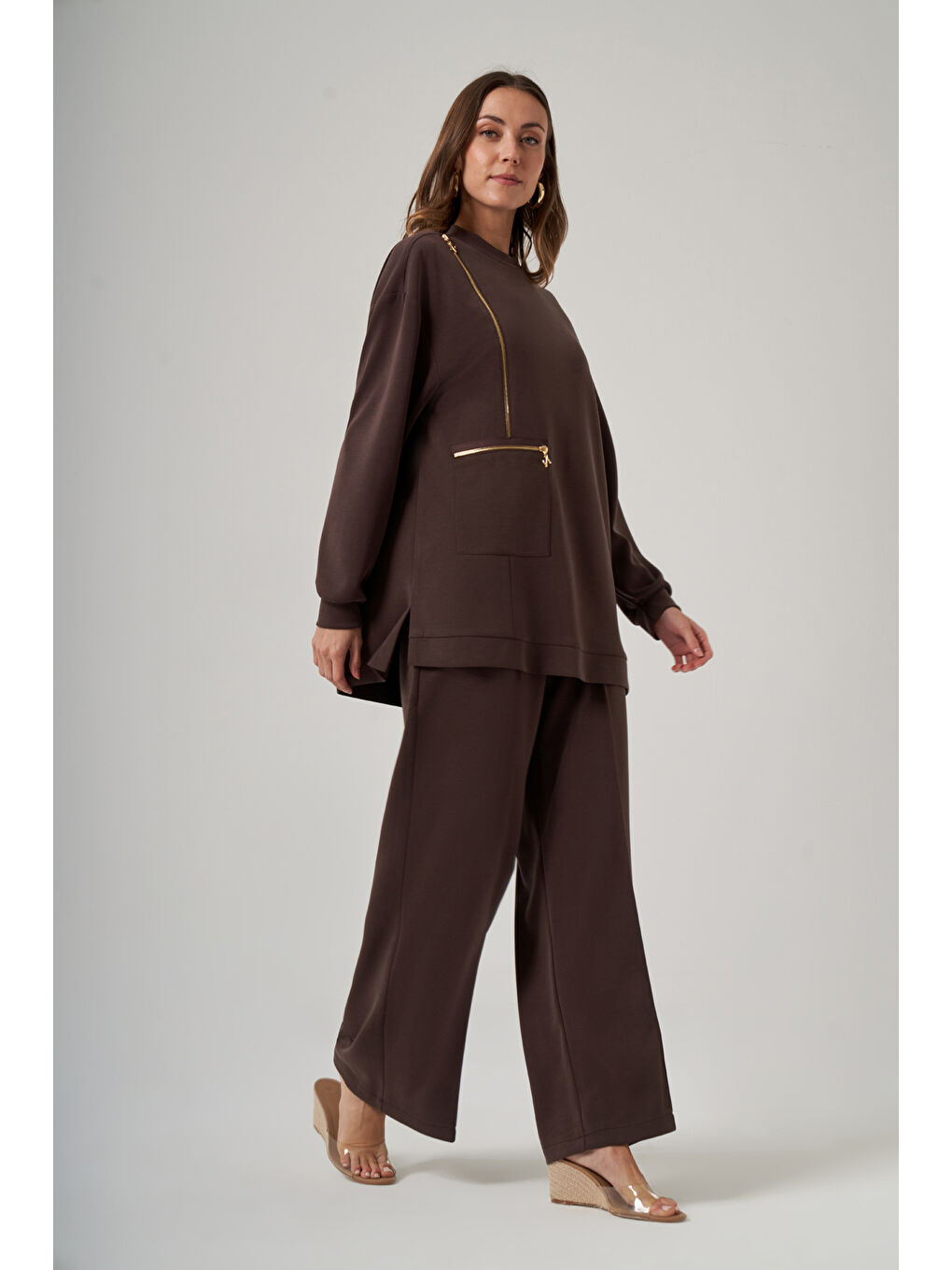 Fermuar ve Nervür Detay Tunik Pantolon Takım 1077 Kahverengi-2