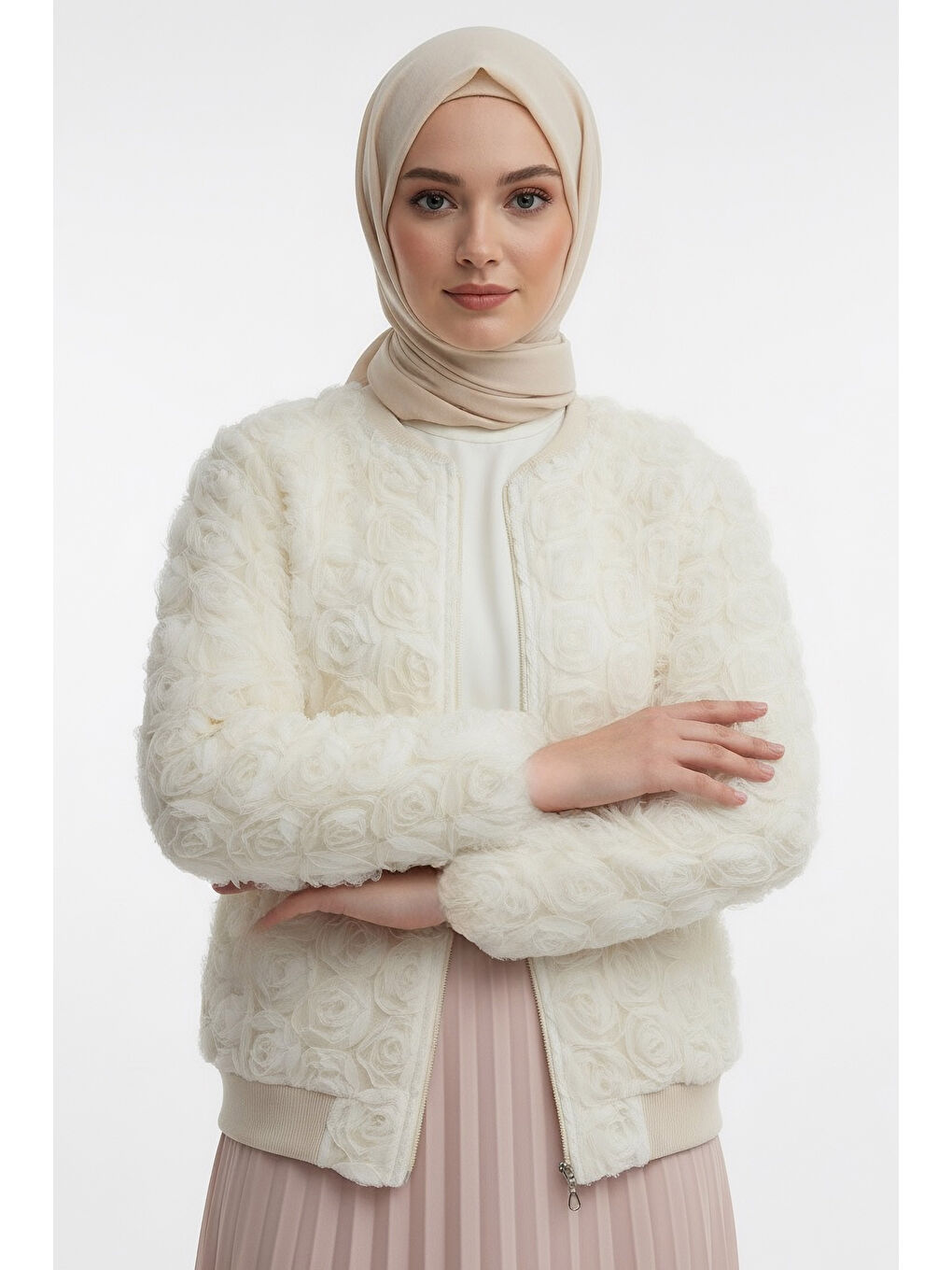 Ekru Güllü Tül Mont Krem - 28014-KREM