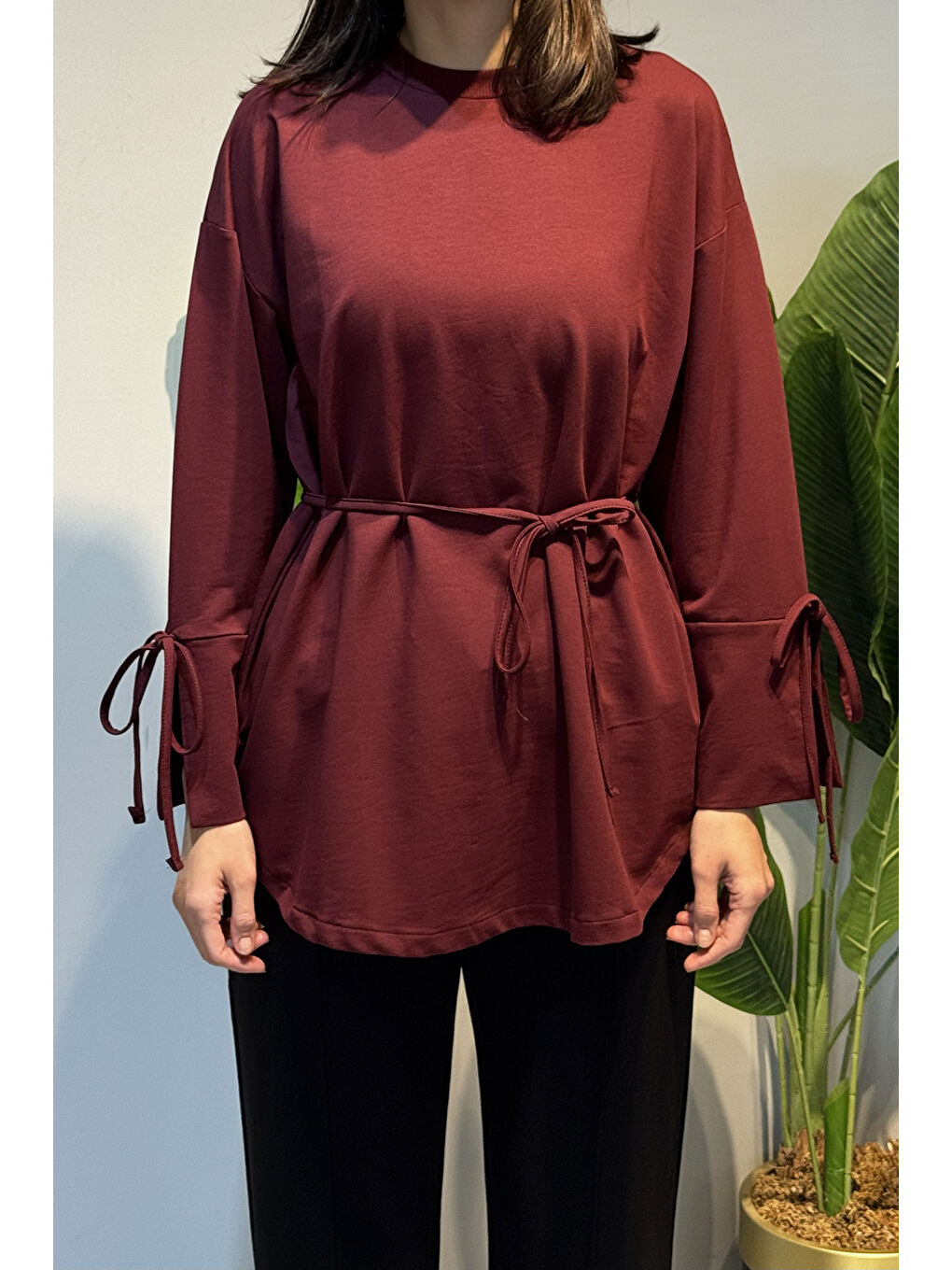 Manşeti ve Beli Bağcık Detay Sweat Tunik 3066 Bordo-2