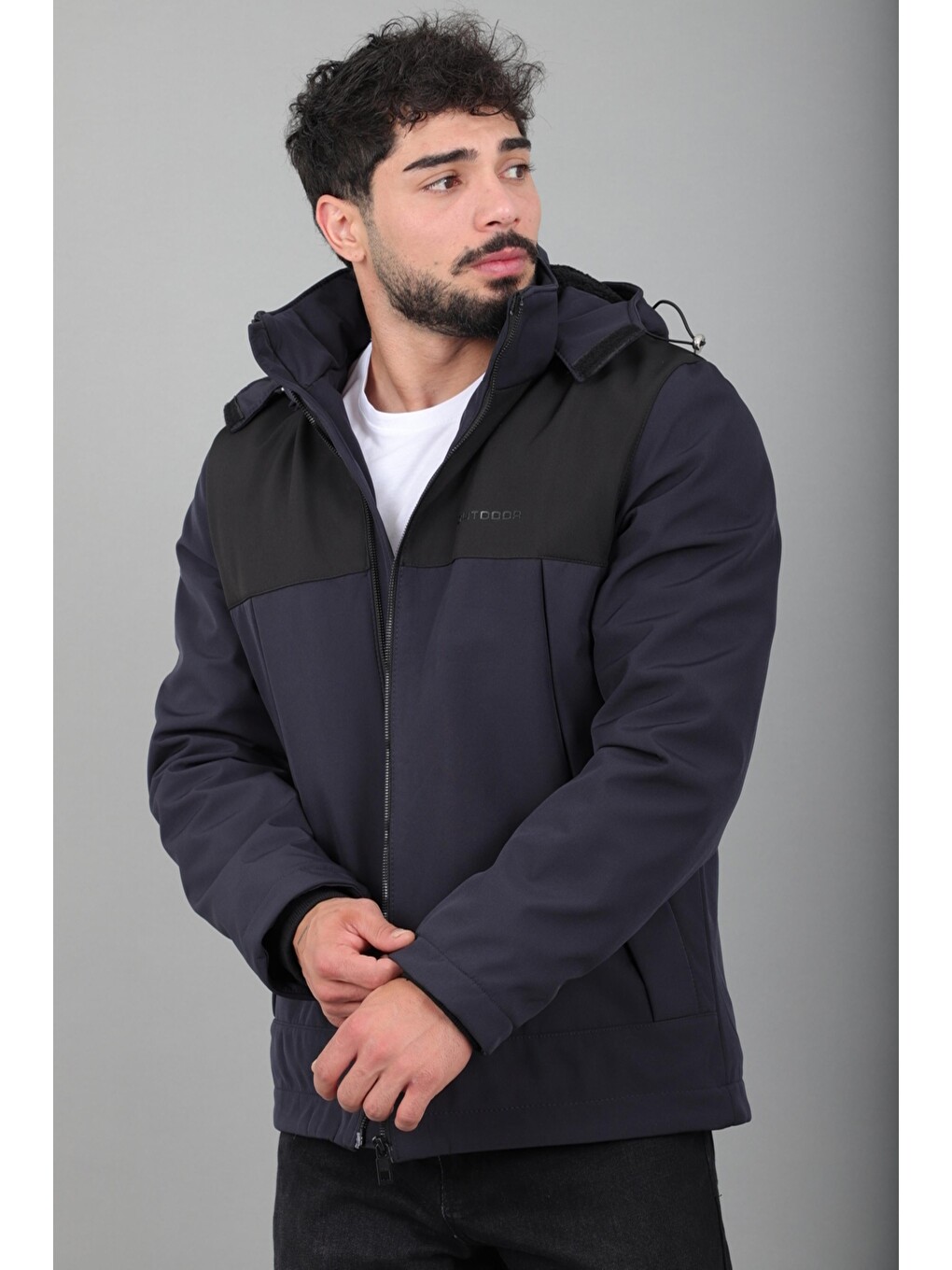 Lacivert Parçalı İçi Kürklü Softsheel Kışlık Mont Kmd 889_50523-2