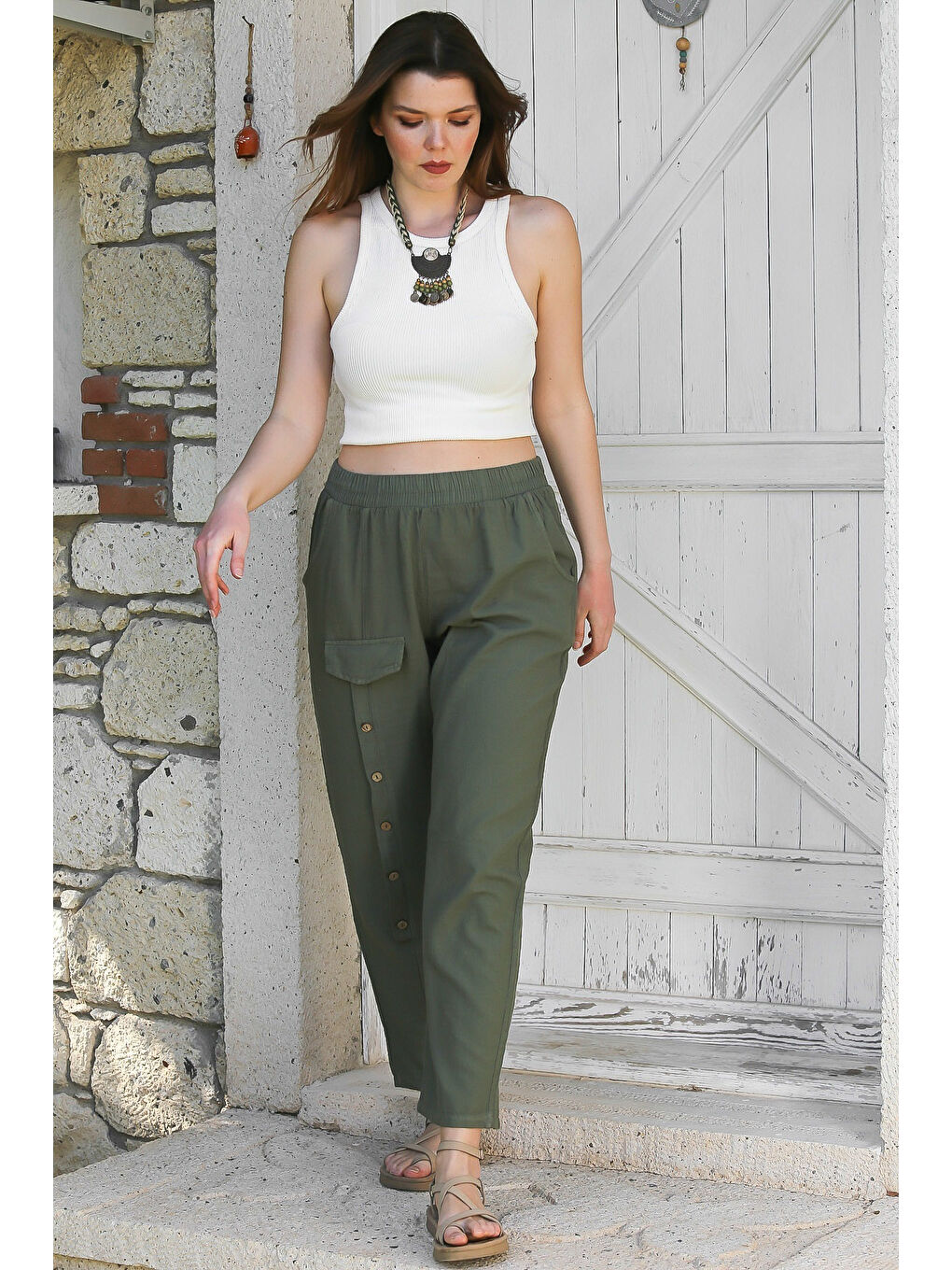 Haki Cepli Yıkamalı Lastikli Bel Jogger Paça Casual Keten Karışımlı Dokuma Pantolon 104 62-3