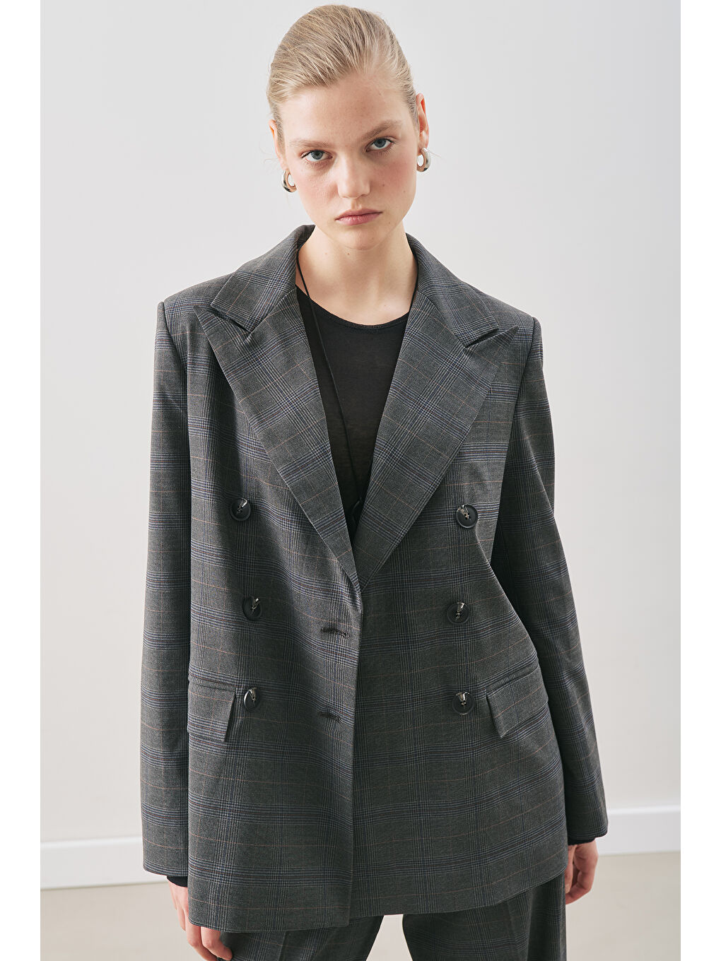 Kruvaze Ekose Blazer Ceket Gri Ekose-2