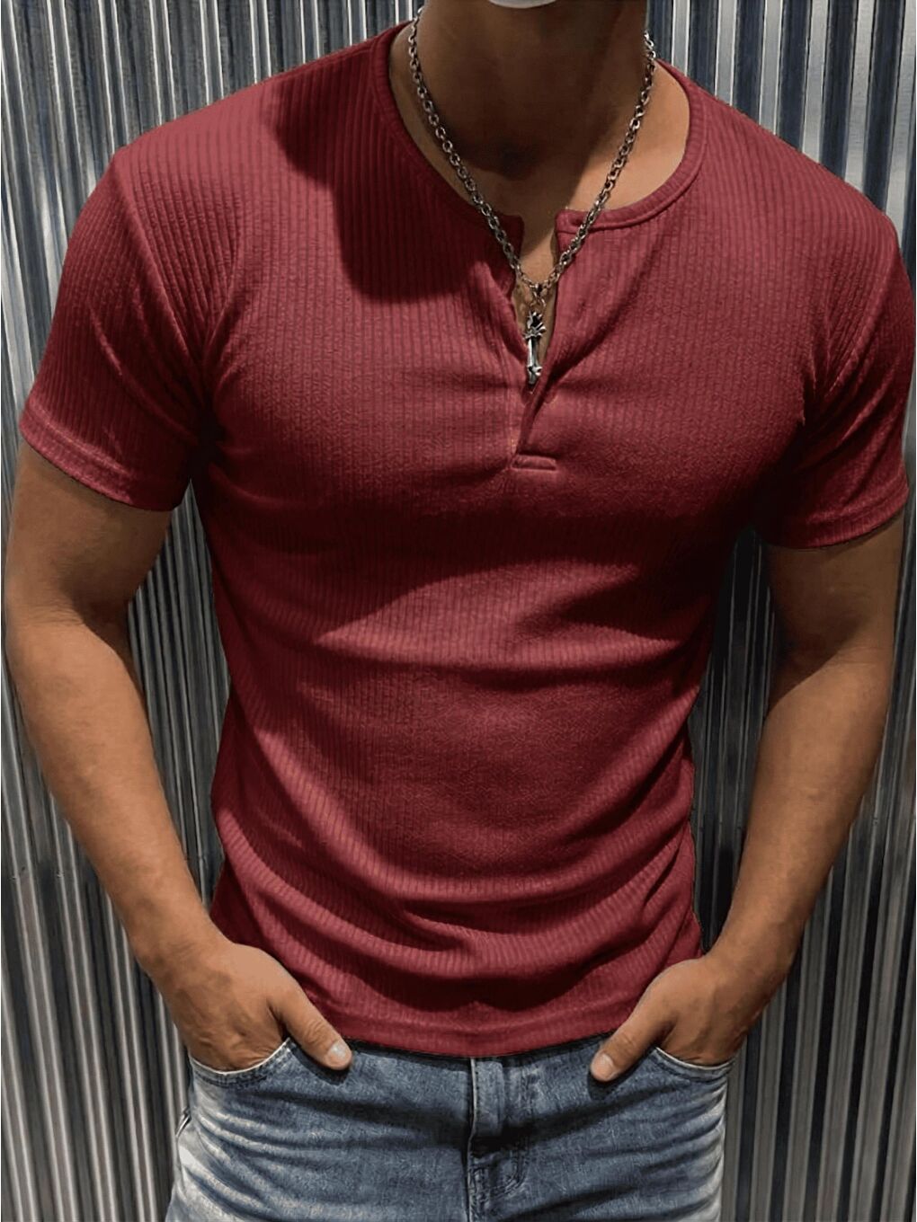 Bordo San Loe Erkek Slim Fit Elastanlı Henley Yaka Kısa Kollu Tişört - Düğmeli Esnek Kumaş-1