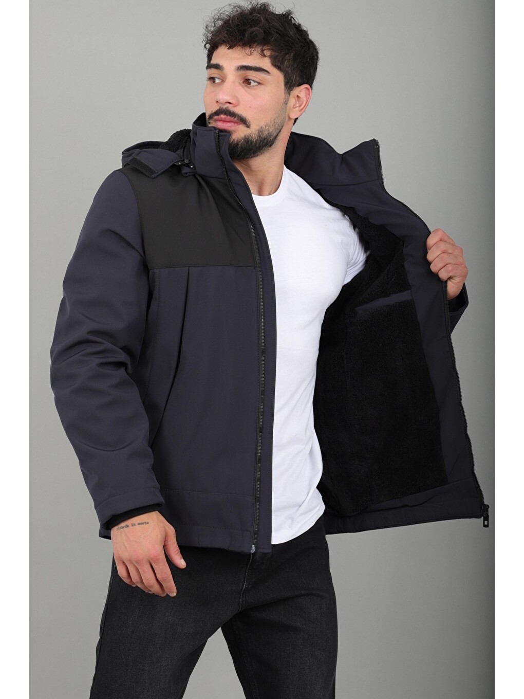Lacivert Parçalı İçi Kürklü Softsheel Kışlık Mont Kmd 889_50523-3