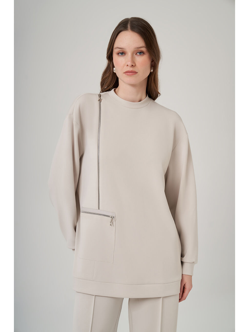 Bej Fermuar ve Nervür Detay Tunik Pantolon Takım 1077 Taş-3