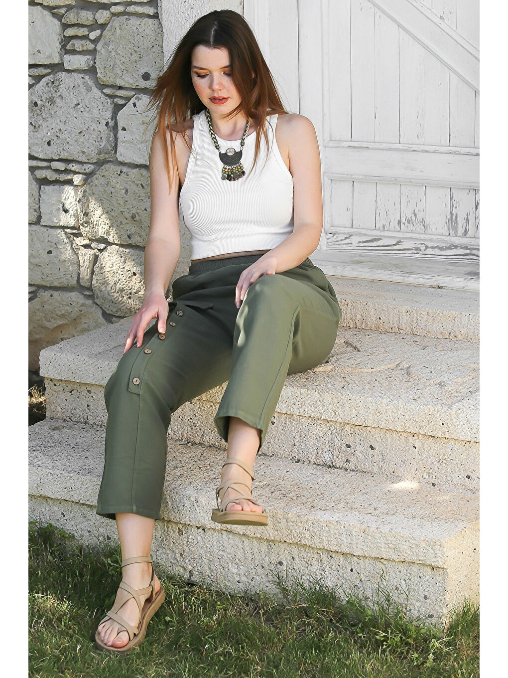 Haki Cepli Yıkamalı Lastikli Bel Jogger Paça Casual Keten Karışımlı Dokuma Pantolon 104 62-5