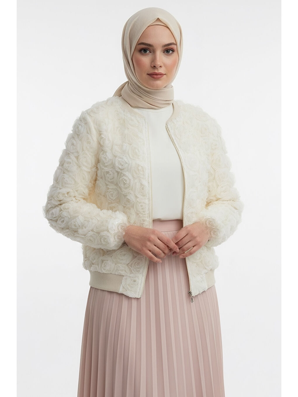 Ekru Güllü Tül Mont Krem - 28014-KREM-1