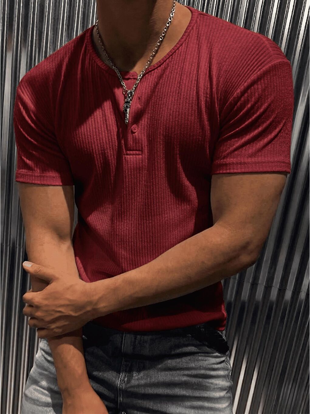 Bordo San Loe Erkek Slim Fit Elastanlı Henley Yaka Kısa Kollu Tişört - Düğmeli Esnek Kumaş-2