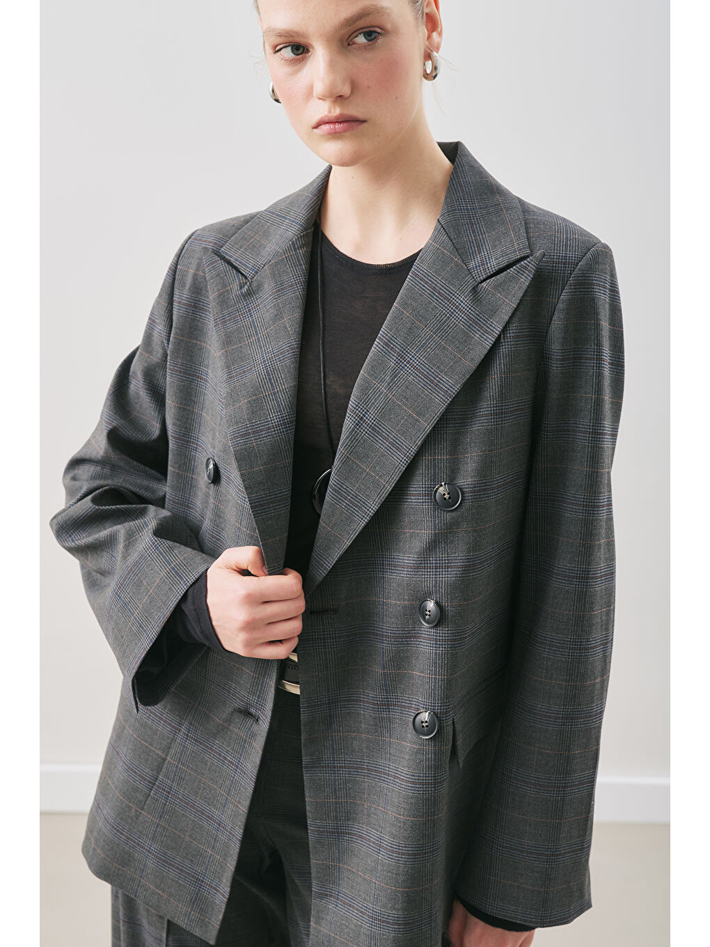 Kruvaze Ekose Blazer Ceket Gri Ekose-3