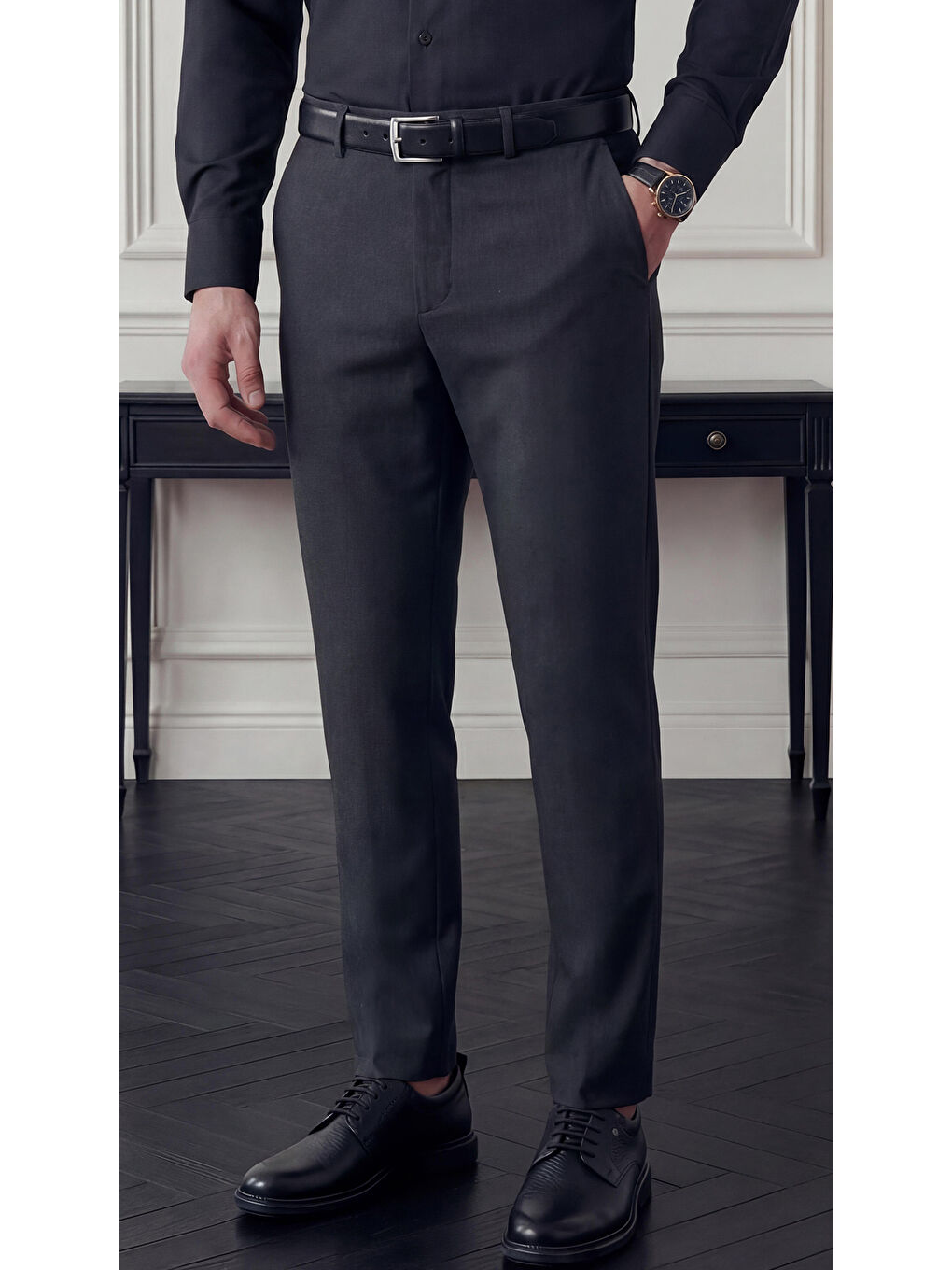 Gri Spor Klasik Füme Kolay Ütülenebilir Easy Iron Erkek Pantolon-4