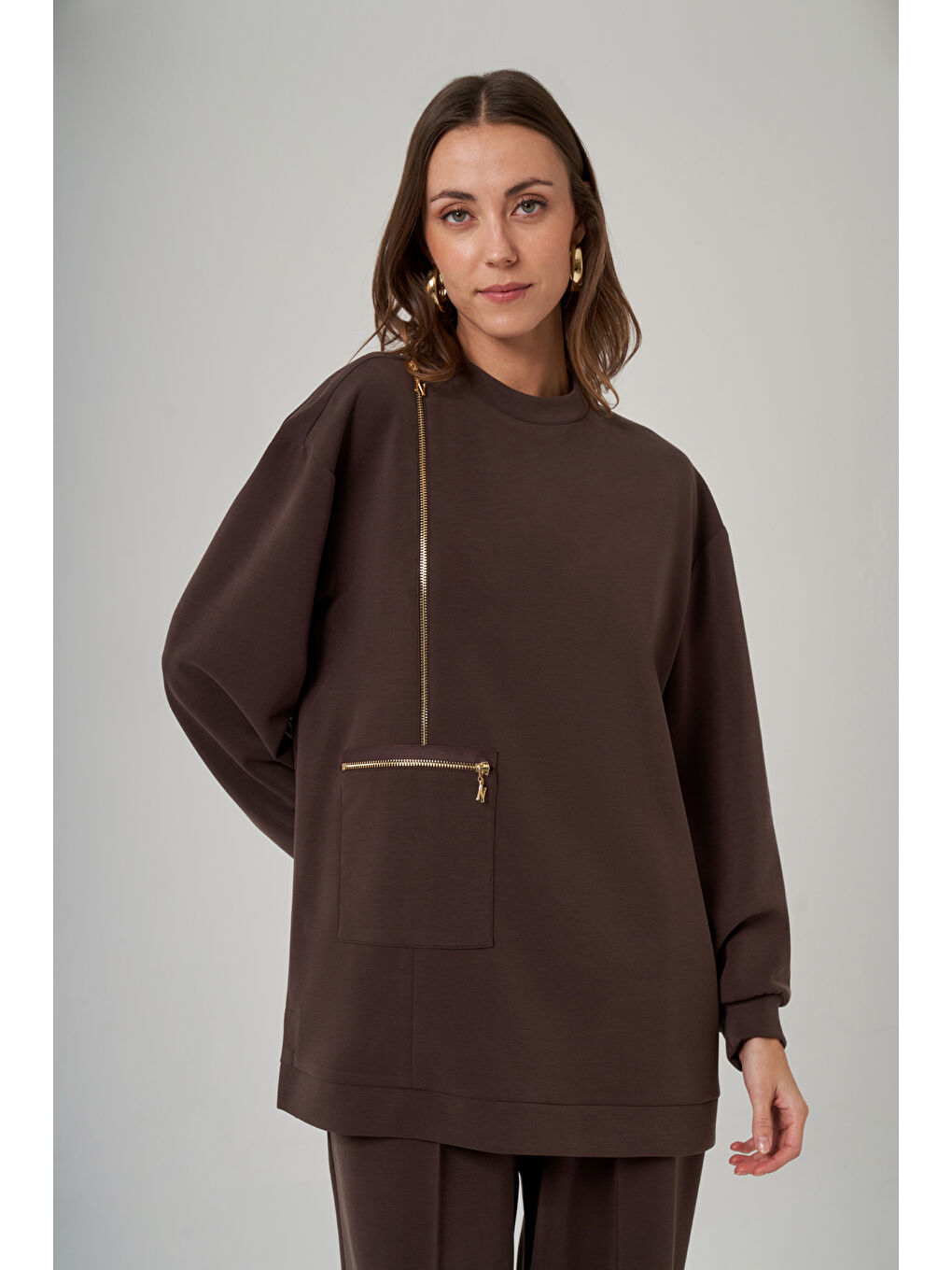 Fermuar ve Nervür Detay Tunik Pantolon Takım 1077 Kahverengi-4