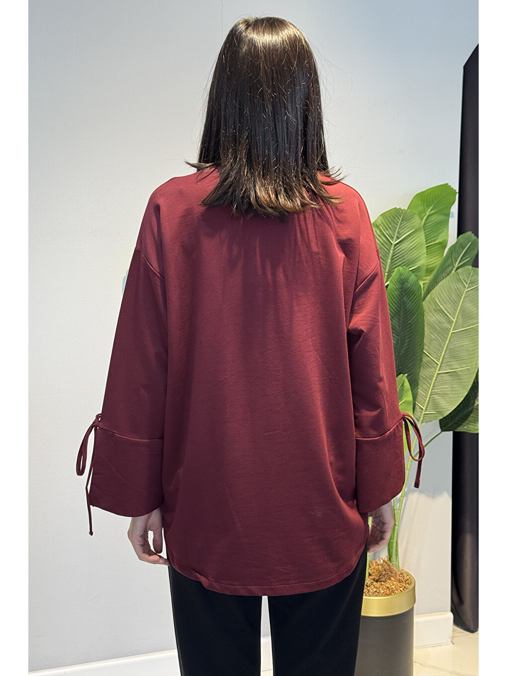 Manşeti ve Beli Bağcık Detay Sweat Tunik 3066 Bordo-3