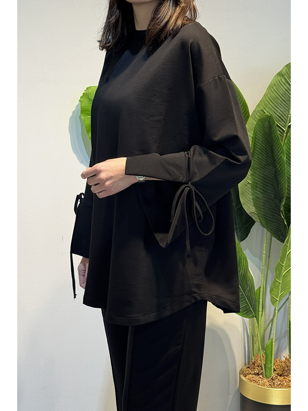 Manşeti ve Beli Bağcık Detay Sweat Tunik 3066 Siyah-1