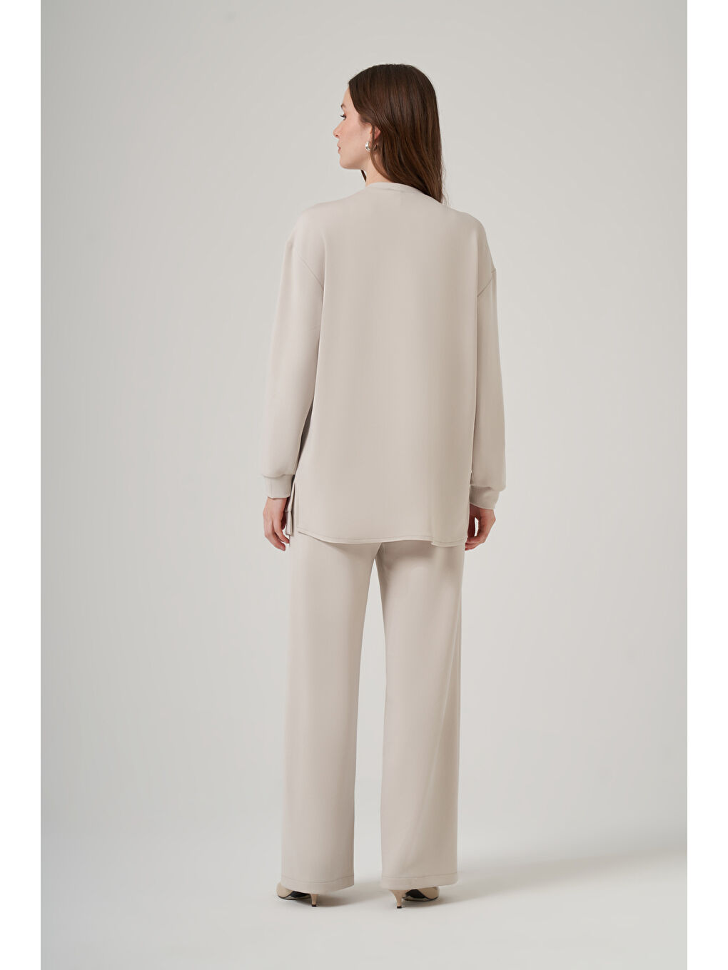 Bej Fermuar ve Nervür Detay Tunik Pantolon Takım 1077 Taş-4