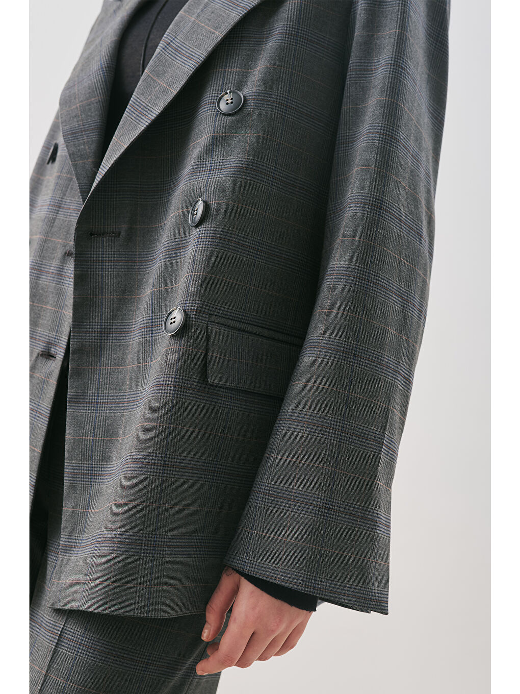 Kruvaze Ekose Blazer Ceket Gri Ekose-4