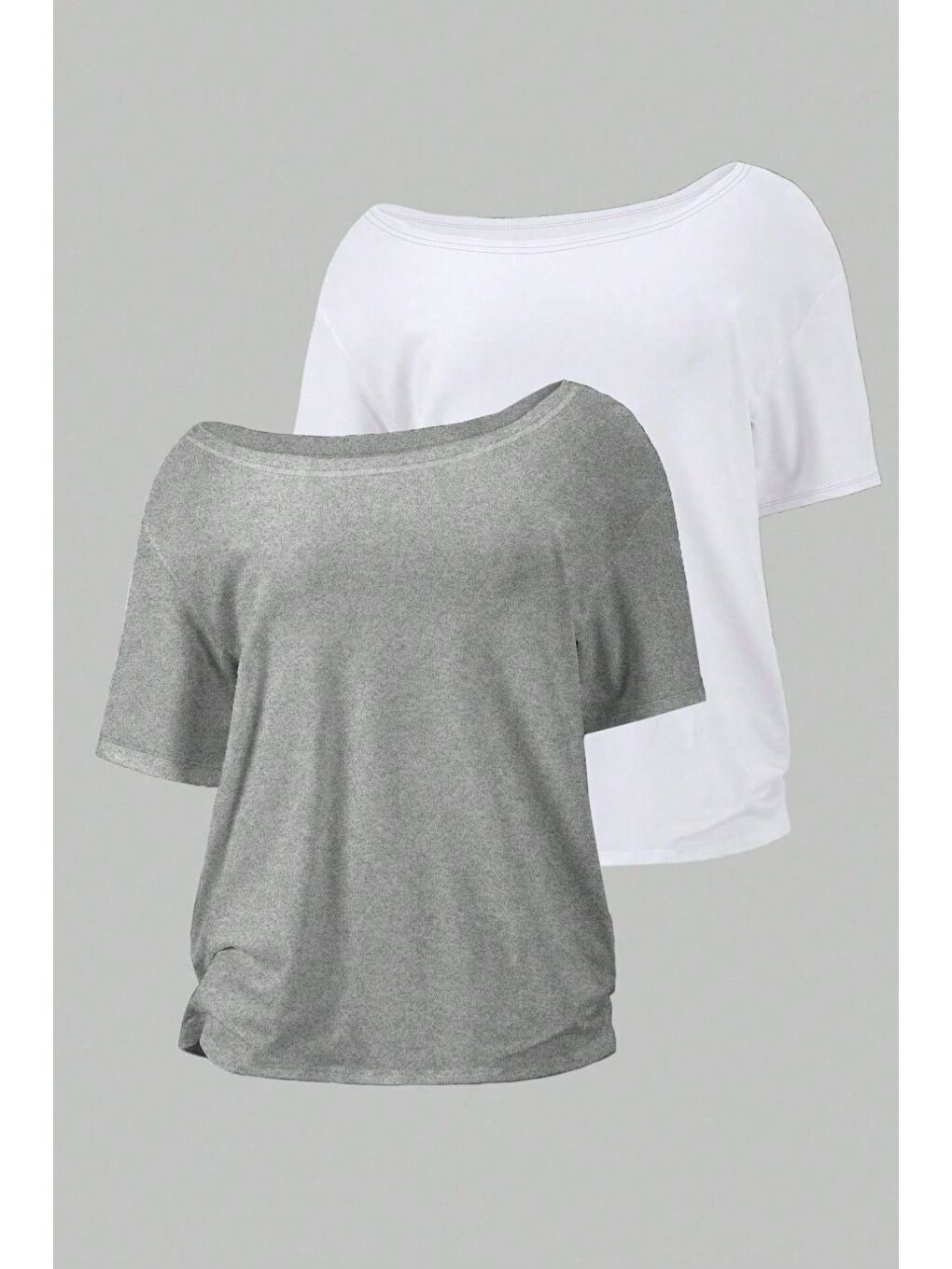 Karışık Gri Beyaz 2li paket Kadın Düşük Omuz Kayık Yaka Oversize T-Shirt