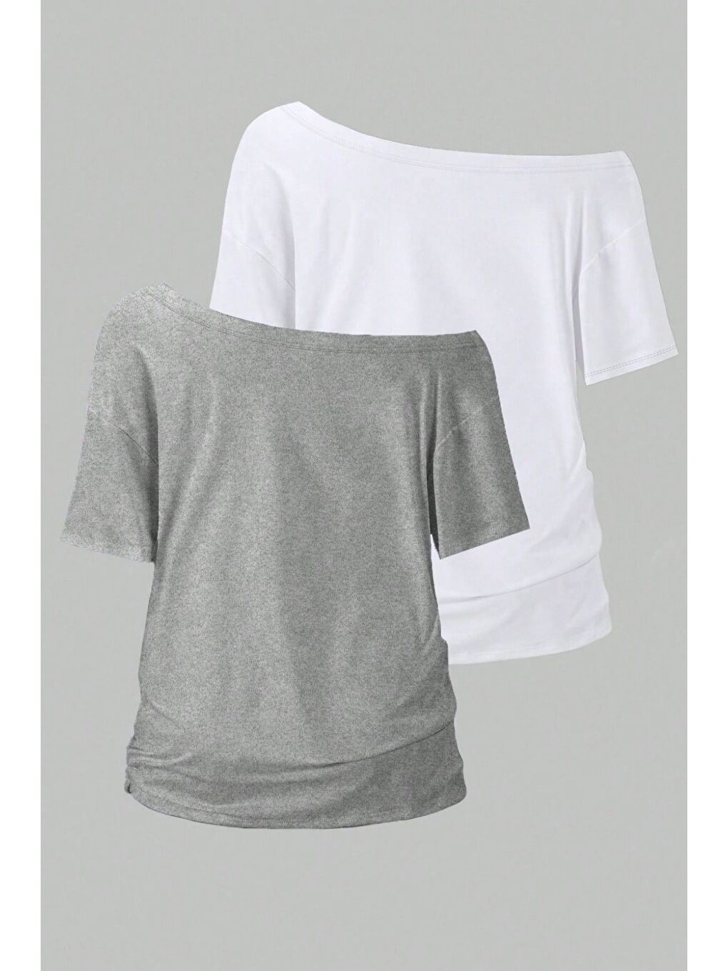 Karışık Gri Beyaz 2li paket Kadın Düşük Omuz Kayık Yaka Oversize T-Shirt-1