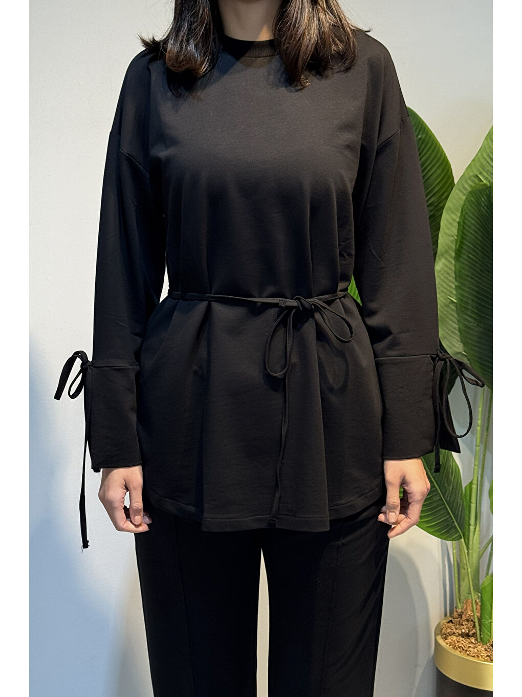 Manşeti ve Beli Bağcık Detay Sweat Tunik 3066 Siyah-2