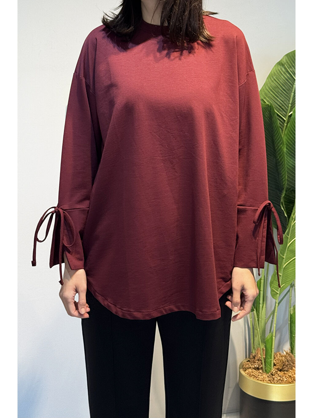 Manşeti ve Beli Bağcık Detay Sweat Tunik 3066 Bordo-4