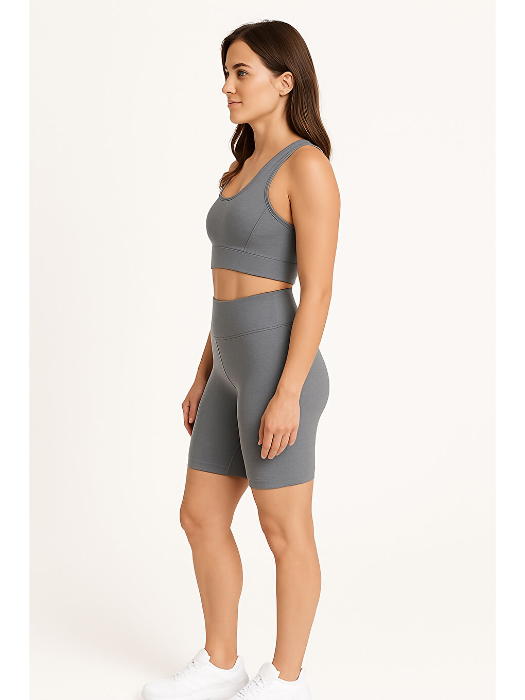 Mavi Yüksek Bel Toparlayıcı Kadın Spor Kısa Tayt-2