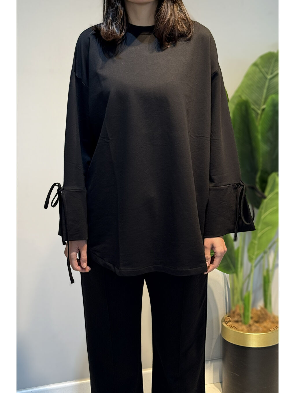 Manşeti ve Beli Bağcık Detay Sweat Tunik 3066 Siyah-3