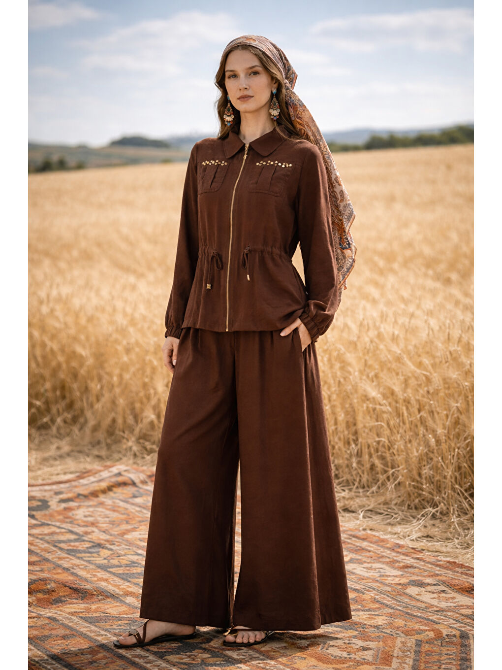 Zımba Detay Ceket Pantolon Etekli Takım 1049 Kahverengi-1