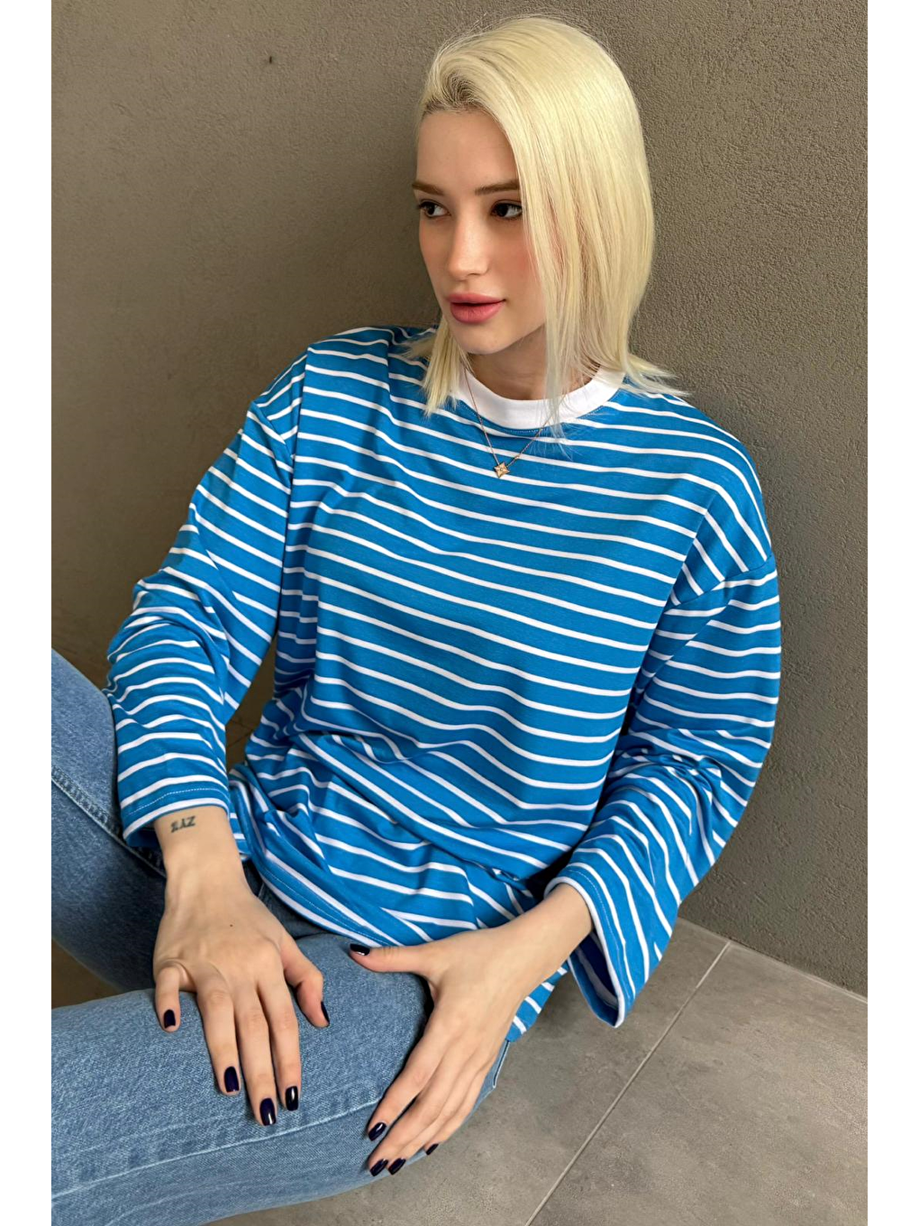 Turkuaz Bisiklet Yaka Çizgili Uzun Kollu Tişört Mg2362-2