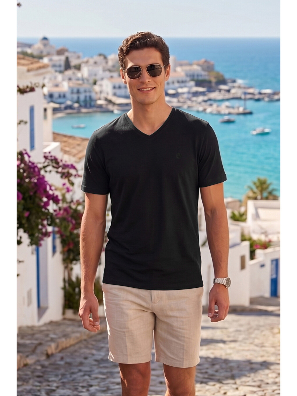 Siyah Pamuklu Regular Fit V Yaka T Shirt 5902719