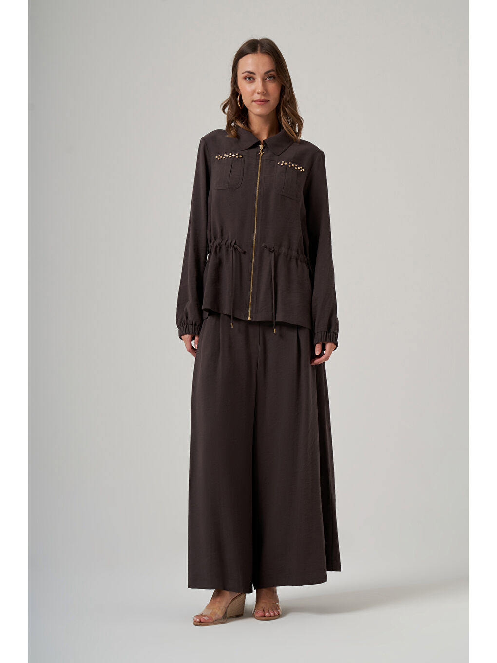 Zımba Detay Ceket Pantolon Etekli Takım 1049 Kahverengi-2