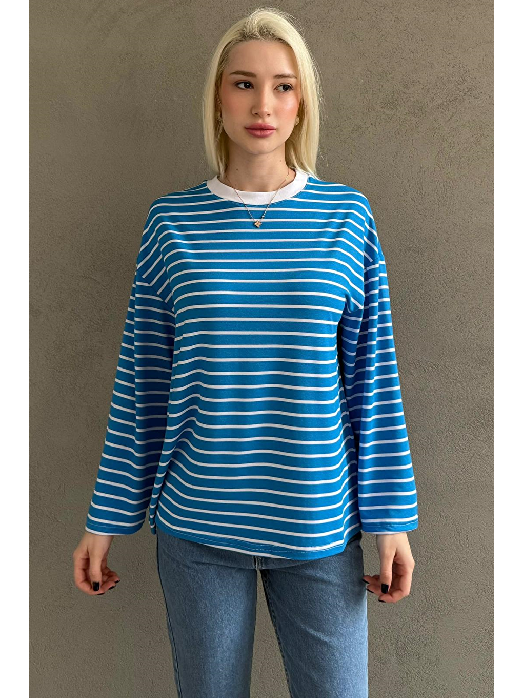 Turkuaz Bisiklet Yaka Çizgili Uzun Kollu Tişört Mg2362-3