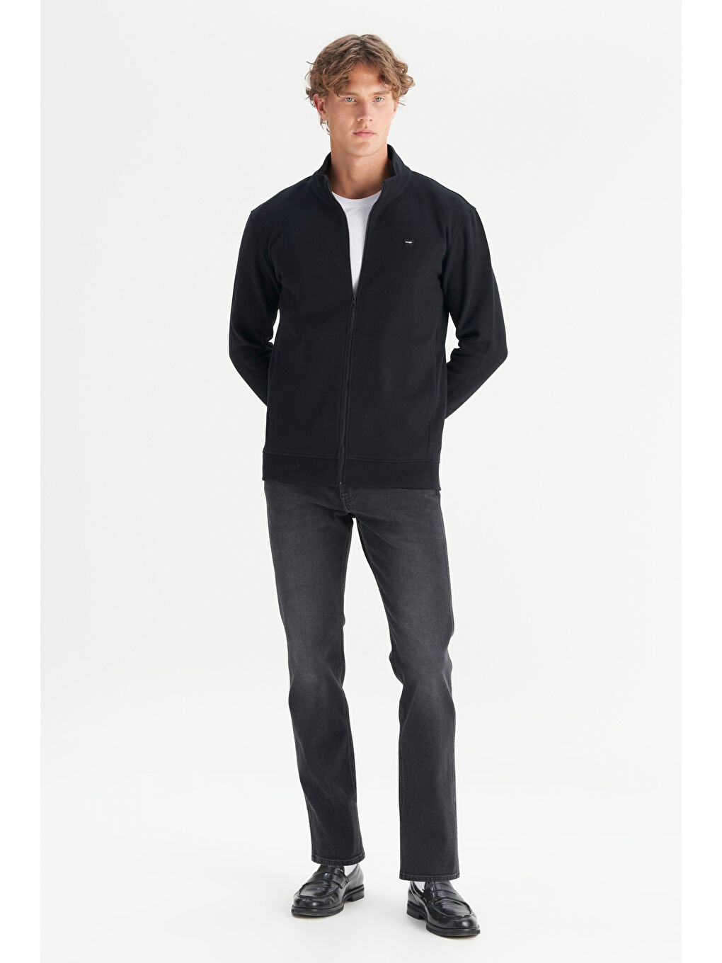 Siyah Pamuklu Relaxed Fit Dik Yaka   Selanik Örgü Erkek Fermuarlı Sweatshirt Hırka-1