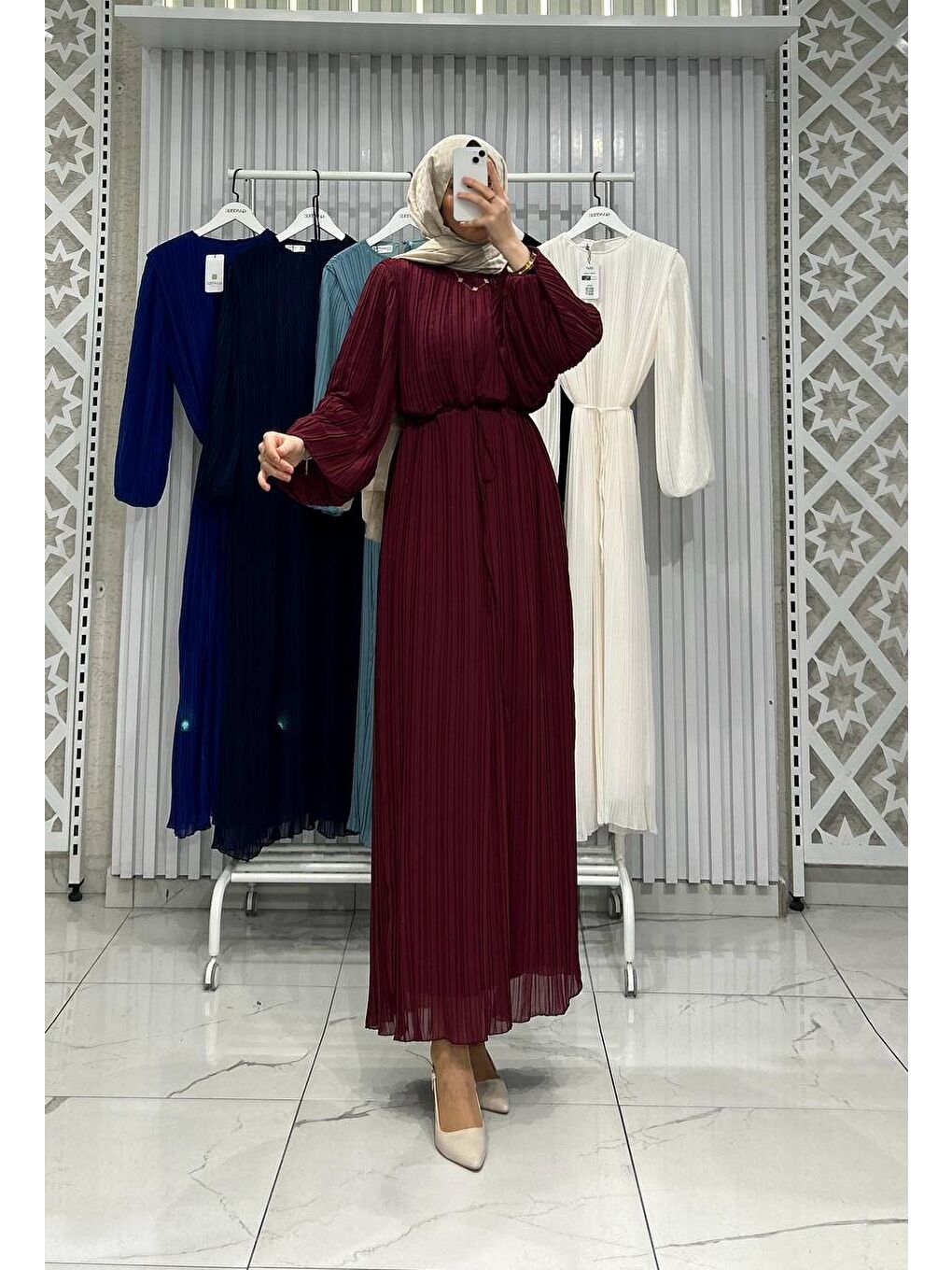 Bordo Kadın Bağlamalı Balon Kol Şifon Elbise