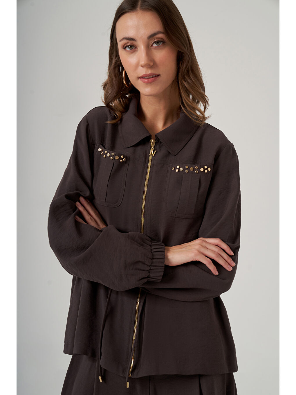 Zımba Detay Ceket Pantolon Etekli Takım 1049 Kahverengi-3