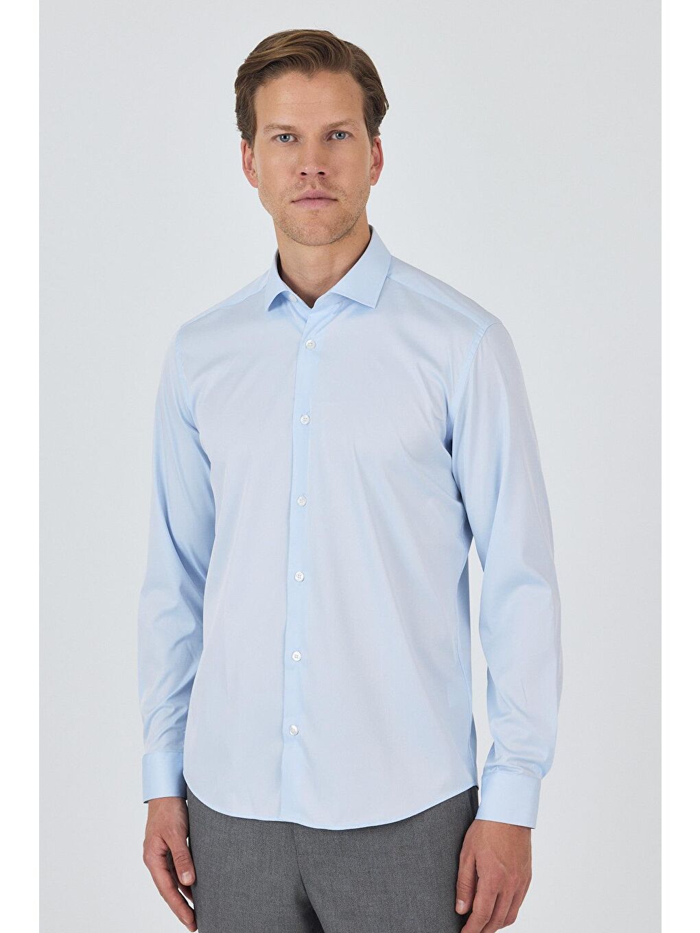 Mavi Uzun Kol Düz Bez Ayağı Sert Yaka Cepsiz Pamuklu Classic Slim Fit Gömlek 1004250160