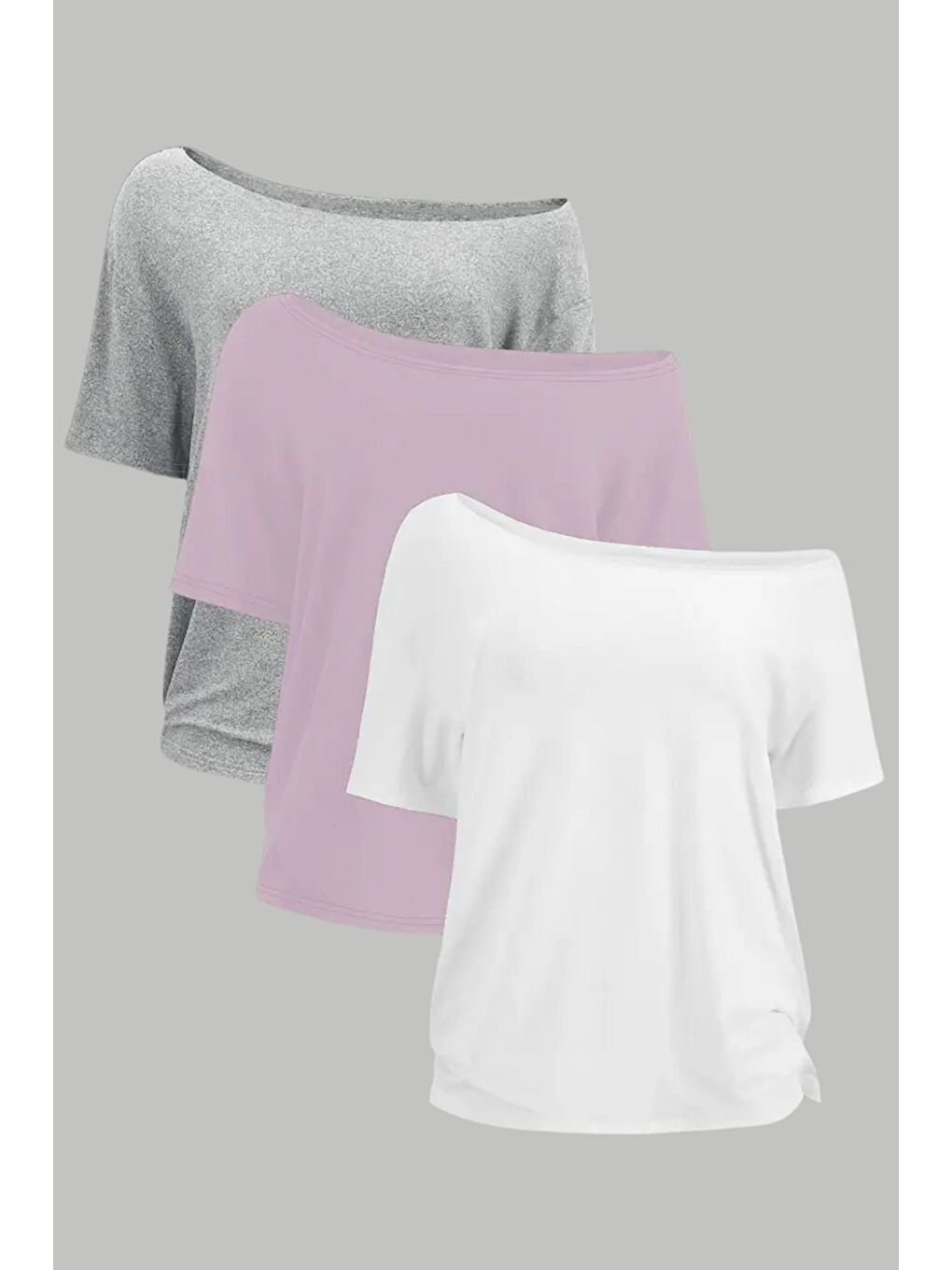Karışık Pembe Beyaz Gri 3lü paket Kadın Düşük Omuz Kayık Yaka Oversize T-Shirt