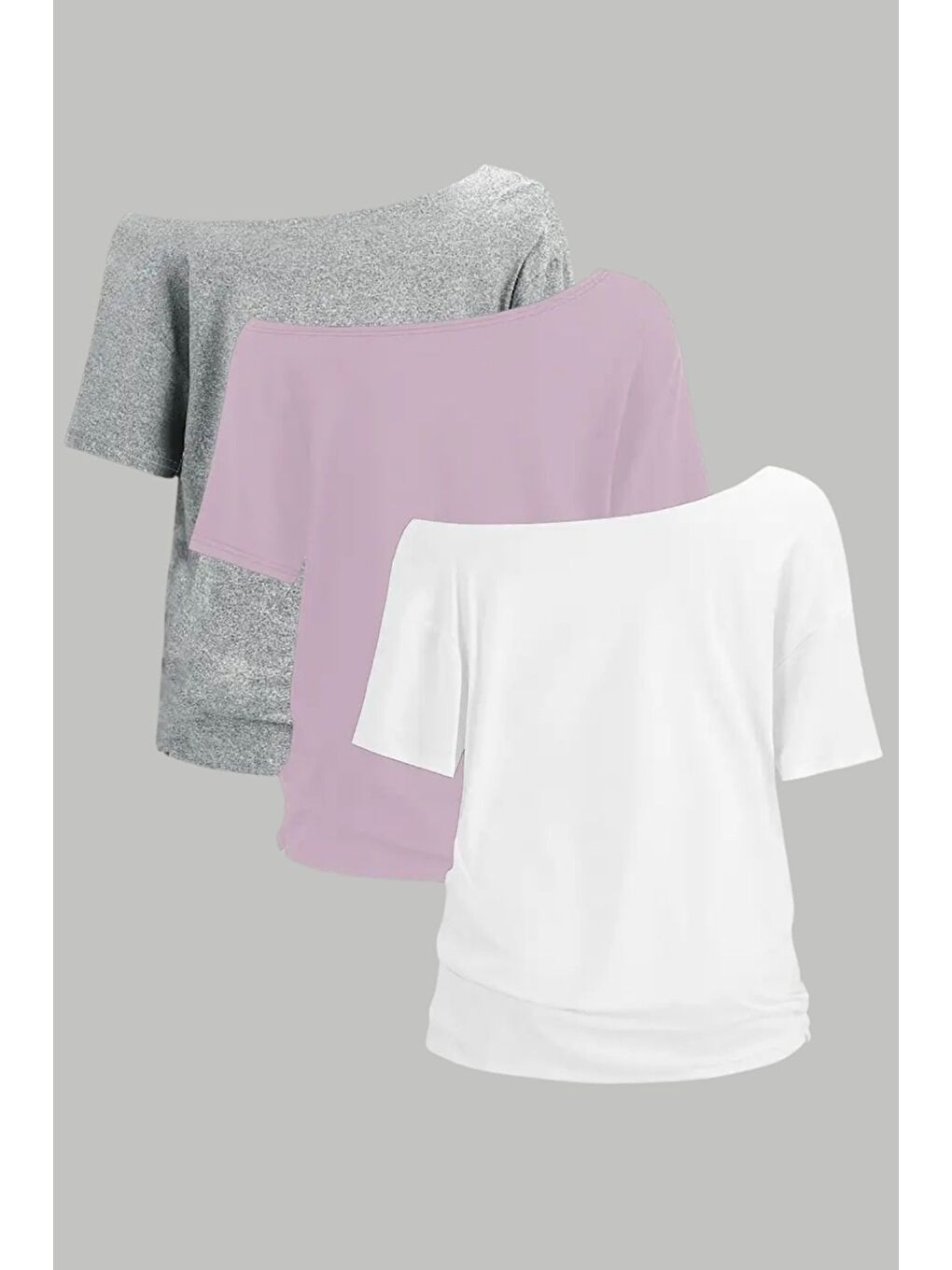 Karışık Pembe Beyaz Gri 3lü paket Kadın Düşük Omuz Kayık Yaka Oversize T-Shirt-1