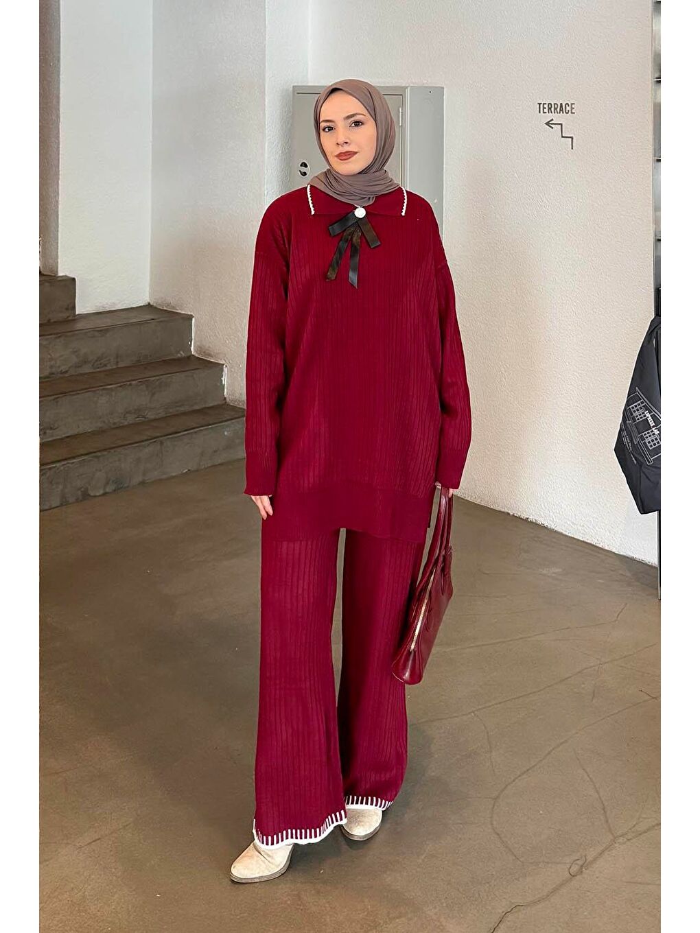 Kurdela Detaylı Triko Takım Bordo